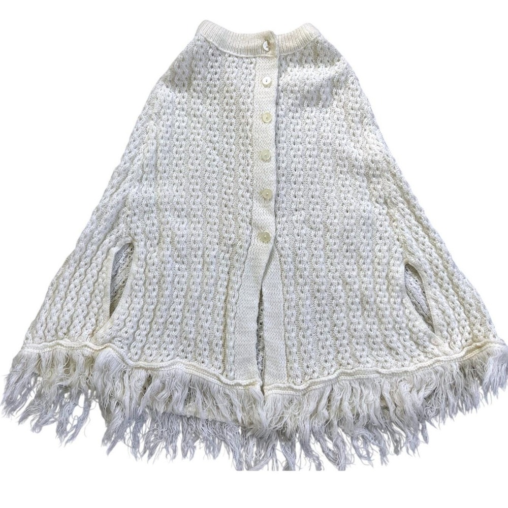 Children's Vintage Off-White Knit Fringe Hem Open Poncho Cape with Buttons Wrap